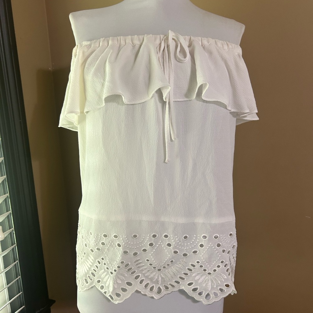 bebe Off-Shoulder White Blouse with Eyelet Hem